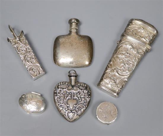 A 19th century embossed white metal etui (probably French) and five other small silver items, approx 3oz (gross)